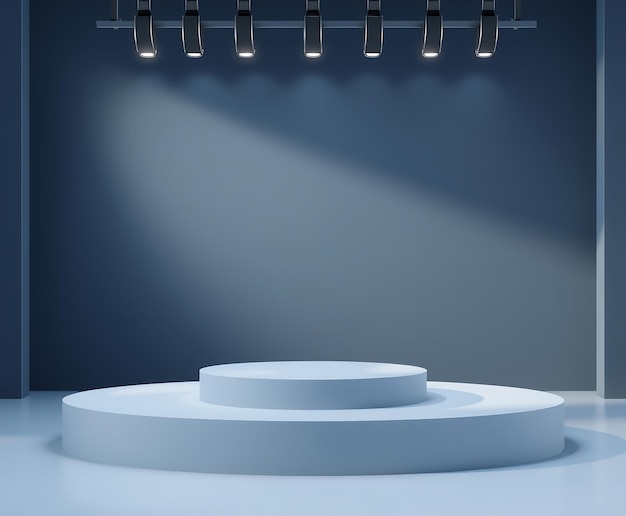 Minimalist blue product display stand with spotlights