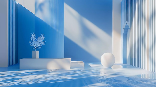 Minimalist blue room with white sphere and plant