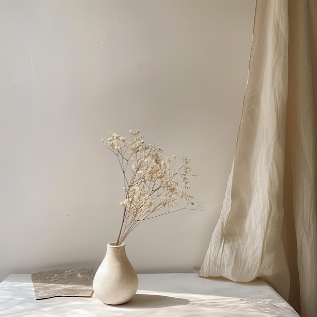 Photo a minimalist boho vase with dry plants and coffee cup on the table boho style of beige tones