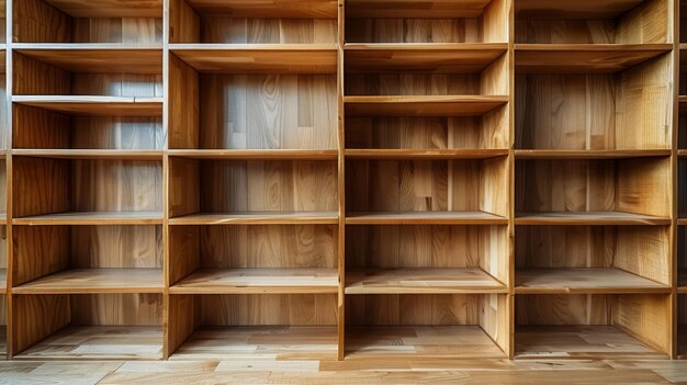 Minimalist bookcase with open shelves isolated on a white studio background