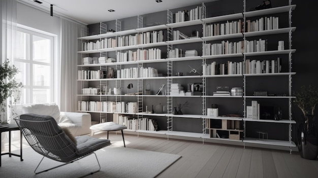 Minimalist bookshelf with an extensive collection AI generated