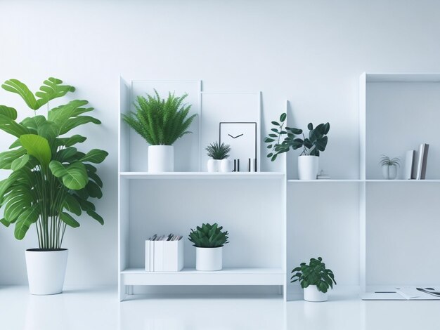 Minimalist bright background for fresh plants shelves furniture and clean office