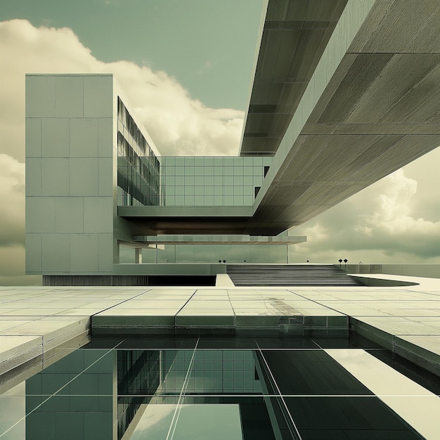 Minimalist brutalist architecture modern buildings and water reflections Empty concrete