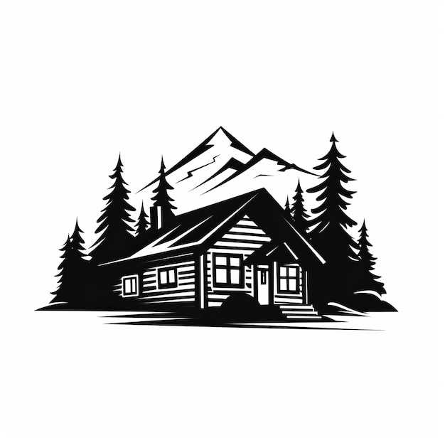 Minimalist Cabin Emblem Silhouette On Mountain Scene