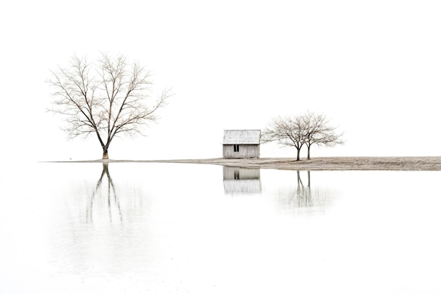 Minimalist Cabin and Trees Reflected in Still Water