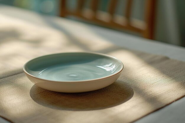 Minimalist ceramic bowl on light linen placemat with soft lighting