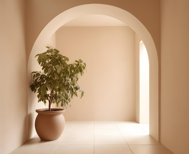 Minimalist ceramics adorn an empty hallway archway with a potted plant Generative AI