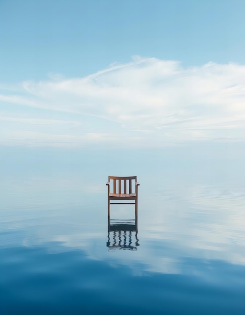 Photo minimalist chair floating on calm water reflection of sky zen atmosphere