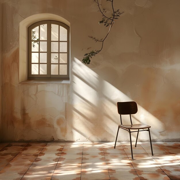 Photo minimalist chair in morning light with geometric wall shadow