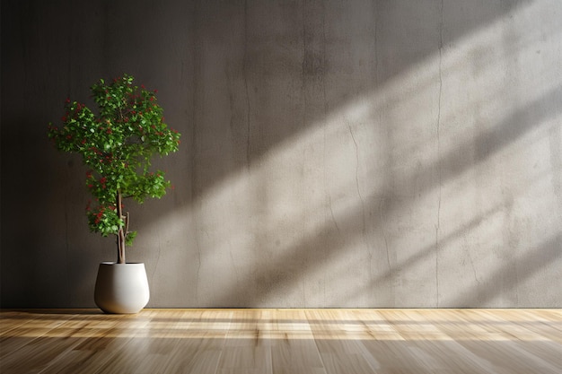 Minimalist charm A dark room potted plant concrete wall wooden floor