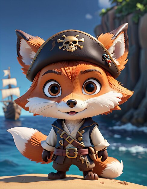 Photo minimalist chibi pirate fox character design sea voyage background