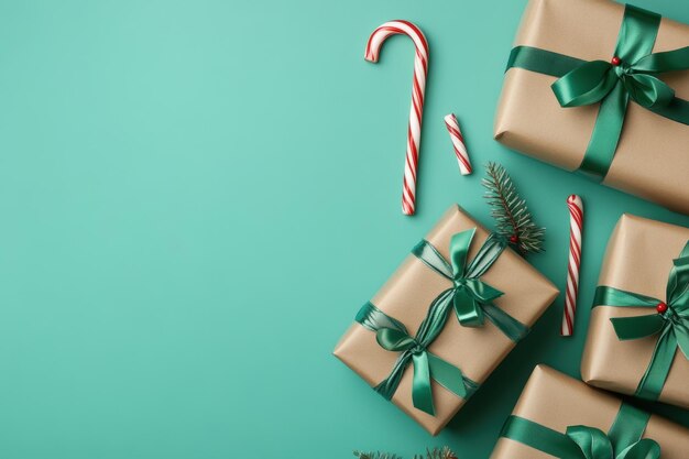 Photo minimalist christmas gift wrapping with kraft paper and evergreen accents on teal background