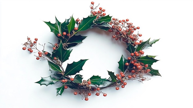 Photo minimalist christmas wreath with green holly leaves and red berries perfect for festive and holiday decor themes