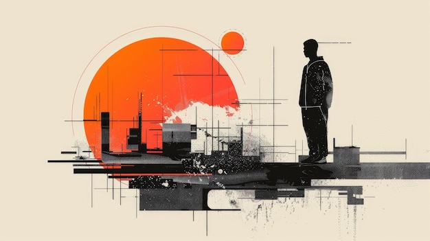 Minimalist Cityscape with Silhouetted Figure Contemplating the Urban Horizon