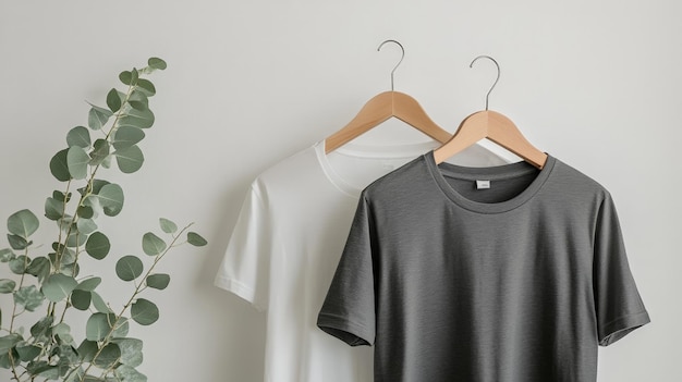 Photo minimalist clothes on hangers with green plant accent