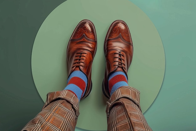 Minimalist Collage Featuring Brown Leather Shoes and Plaid Trousers