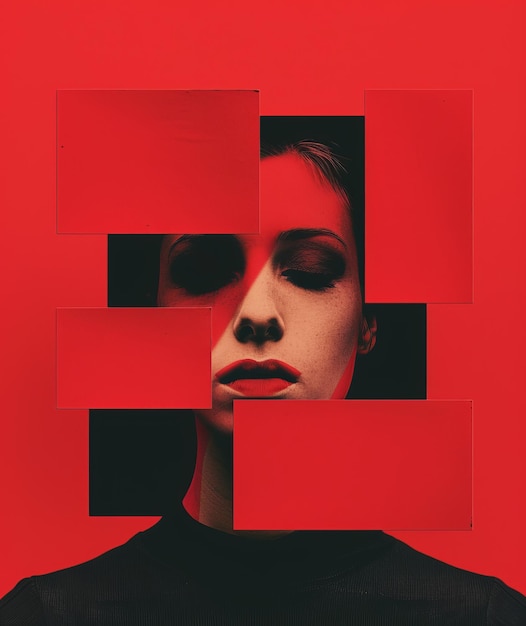 Photo minimalist collage featuring a womans face in a geometric red and black design