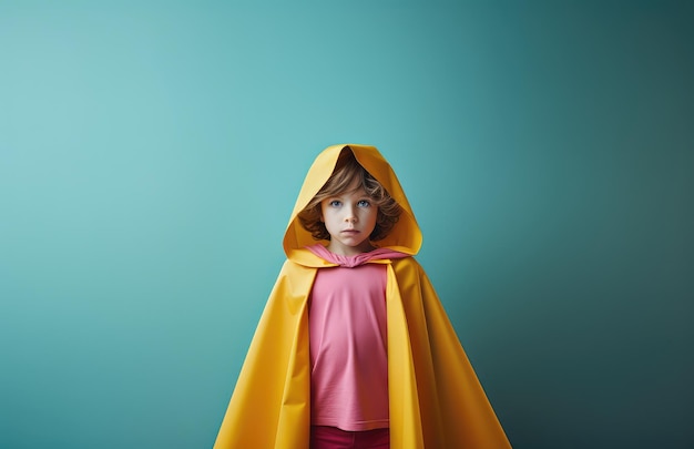 Minimalist Color Field Style A Little Girl in a Yellow Superhero Cape Ironical and Delicate