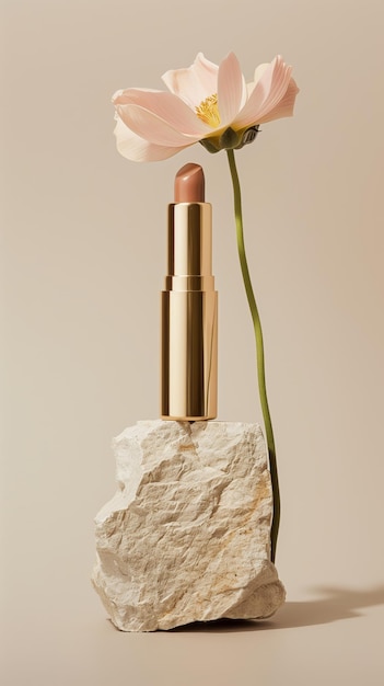 Minimalist composition of beautiful nude lipstick in gold case on stone with flowers on beige background beauty cosmetics and lip care concept