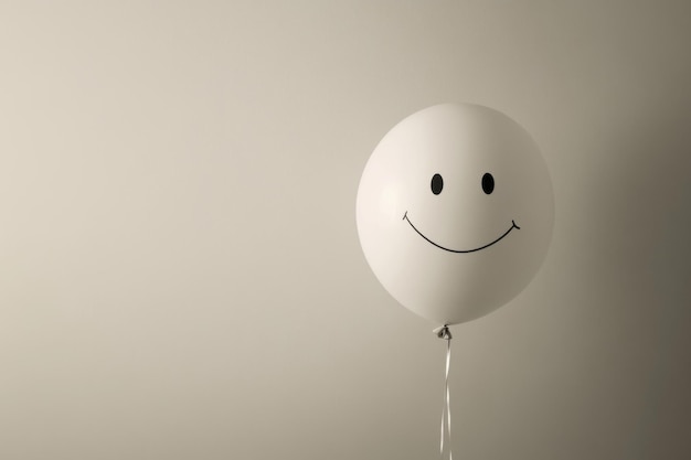 A minimalist composition of a cheerful balloon with a smiley face against a neutral background