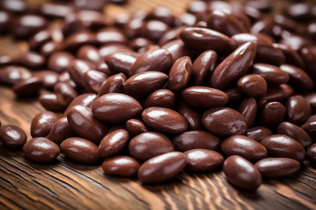 Minimalist composition of chocolate covered almonds scattered on a wooden table