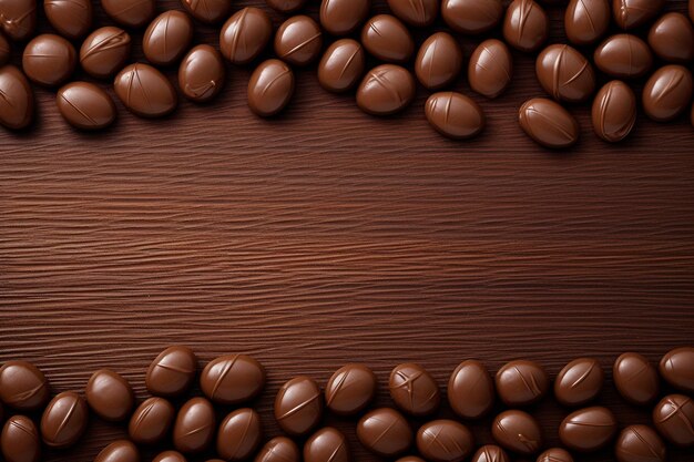 Minimalist composition of chocolate covered almonds scattered on a wooden table