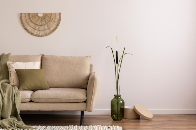 Minimalist composition of elegant and outstanding space with beige sofa boucle rug vase green plaid