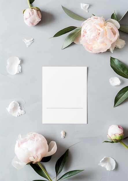 Photo a minimalist composition featuring a blank white card surrounded by soft pink peonies