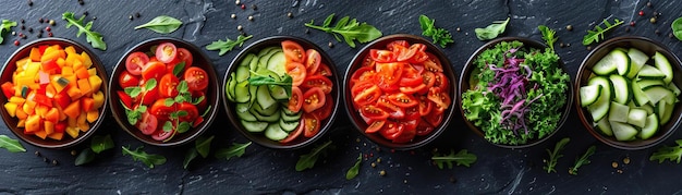 Photo a minimalist composition featuring a series of modern bowls each containing a different type of salad arranged neatly on a dark slate background panoramic space above for copy