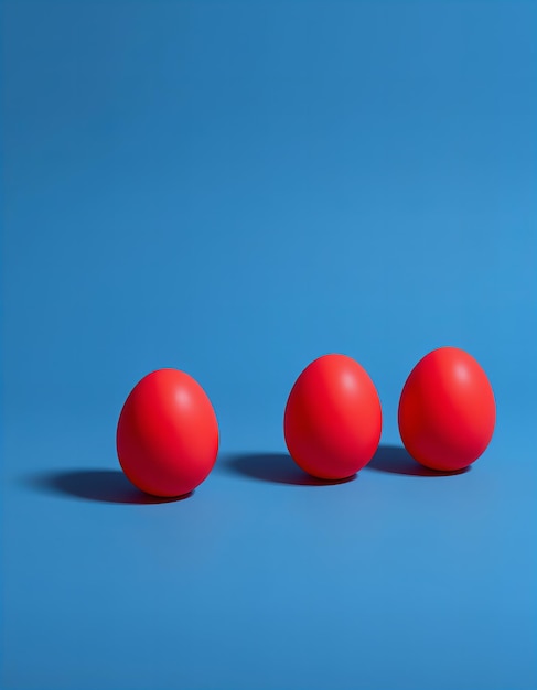 Minimalist composition featuring three eggs on the left side of an isolated blue background