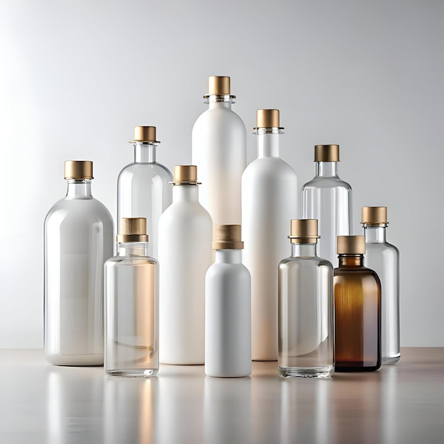 Photo a minimalist composition featuring a variety of glass bottles with gold lids perfect for showcasing your beauty skincare or fragrance products