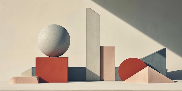 A minimalist composition of geometric forms in varying sizes and colors creating a sense of balance