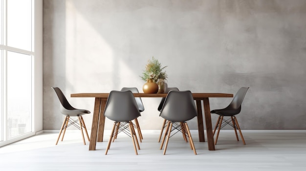 Minimalist composition of loft style dining room interior gray concrete walls and floor wooden table