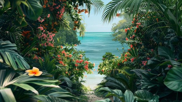 A minimalist composition of a tropical paradise with lush greenery exotic flowers