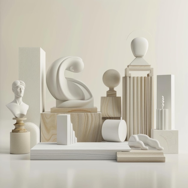 Photo minimalist composition of white sculptures and wooden blocks