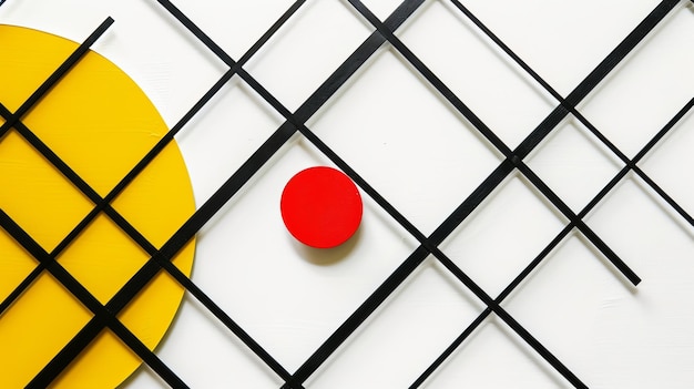 Minimalist composition with black lines yellow rectangle and red circle on white background