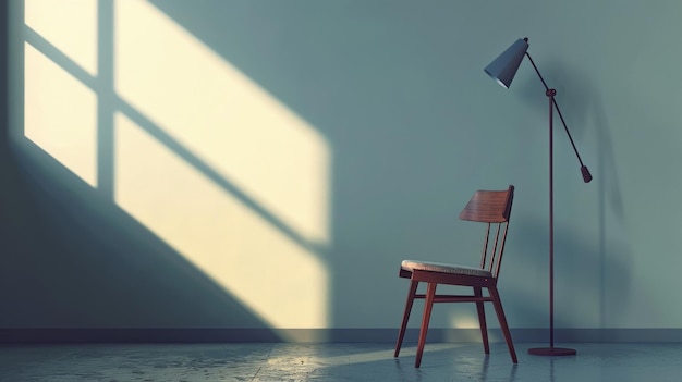 Minimalist composition with a chair under a lamp and window shadow in a serene interior