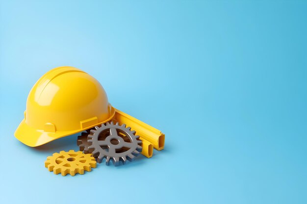 Photo minimalist composition with construction gear hardhat and negative space on a blank blue background