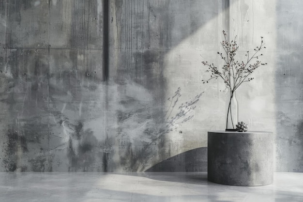 Photo minimalist concrete podium with dried branches in a modern studio