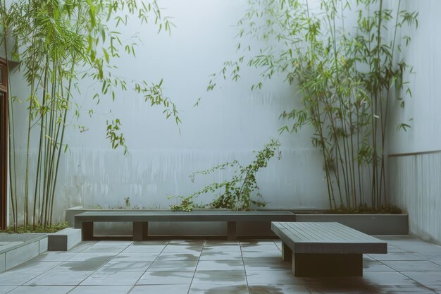 A minimalist courtyard bathed in soft natural light with simple benches and sparse bamboo creating a serene and contemplative atmosphere