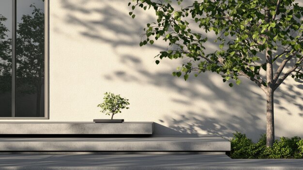 Photo a minimalist courtyard showcases a small tree surrounded by vibrant greenery and smooth wooden flooring bathed in natural light against a backdrop of clear blue skies