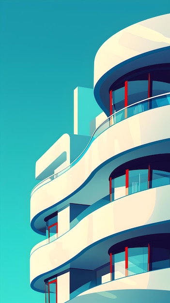 Minimalist Curve Architecture Facades in Pastel Colors on Blue Sky Background