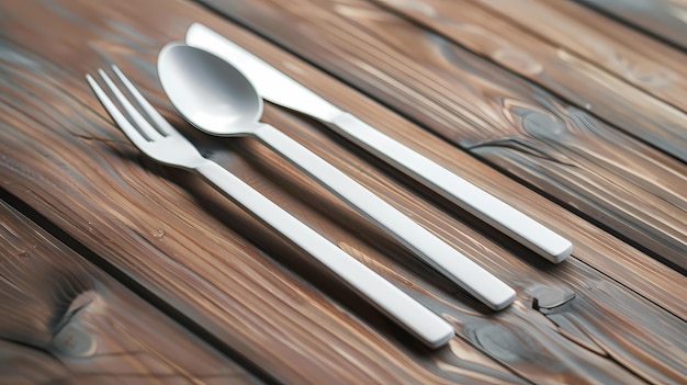 A minimalist cutlery mockup displayed on a wooden table The set includes a fork knife and spoon all in a matte silver finish with a simple modern design The pieces are slightly angled creating