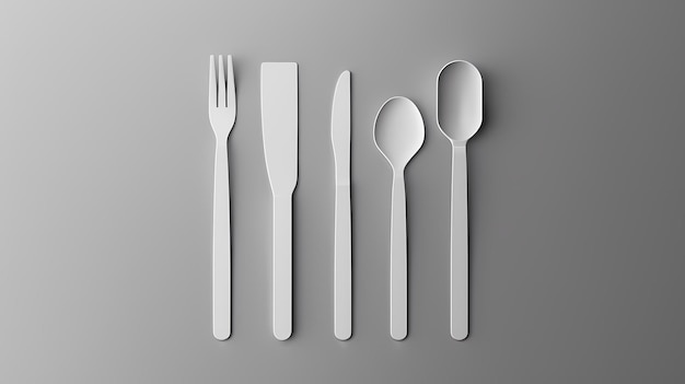 A minimalist cutlery set mockup arranged on a slate grey background