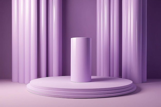 Photo minimalist cylindrical podium with archshaped battens backdrop in soft purple pastel generative ai