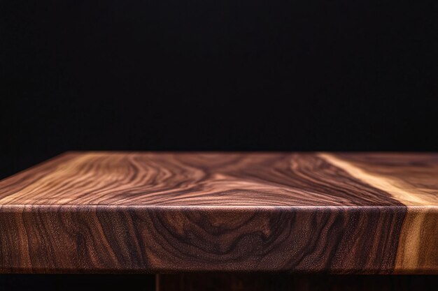 Minimalist Dark Wooden Table Surface with Black Background Perfect for Product Presentation