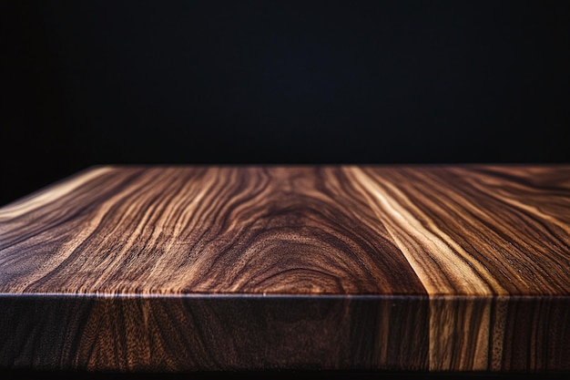 Minimalist Dark Wooden Table Surface with Black Background Perfect for Product Presentation