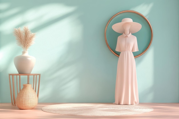 Minimalist Decor Scene with Elegant Woman Mannequin in Summer Hat and Dress Pastel Colors Home Decor Inspiration