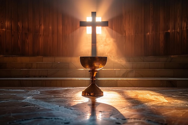 A minimalist depiction of the Communion cup silhouetted against a large cross