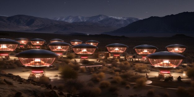 Minimalist Desert Hotel Underground Urban Development light painting Floating Islands generative ai